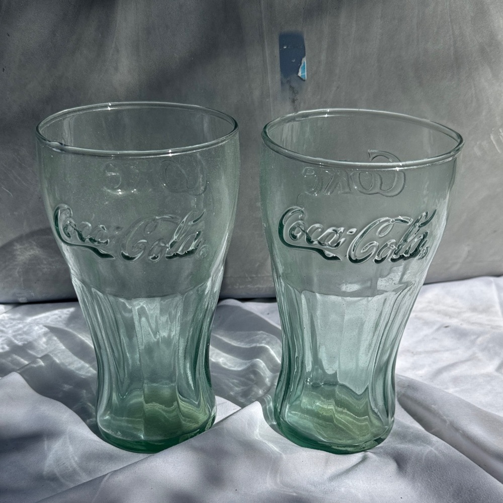Vintage 2000 Coca Cola Coke Embossed Green Glasses Set of 2, Made in USA, Libbey